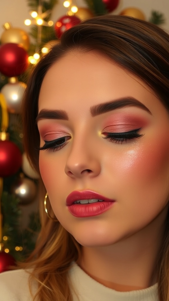 Close-up of Christmas cheek makeup with rosy blush and highlighter, set against a festive background.